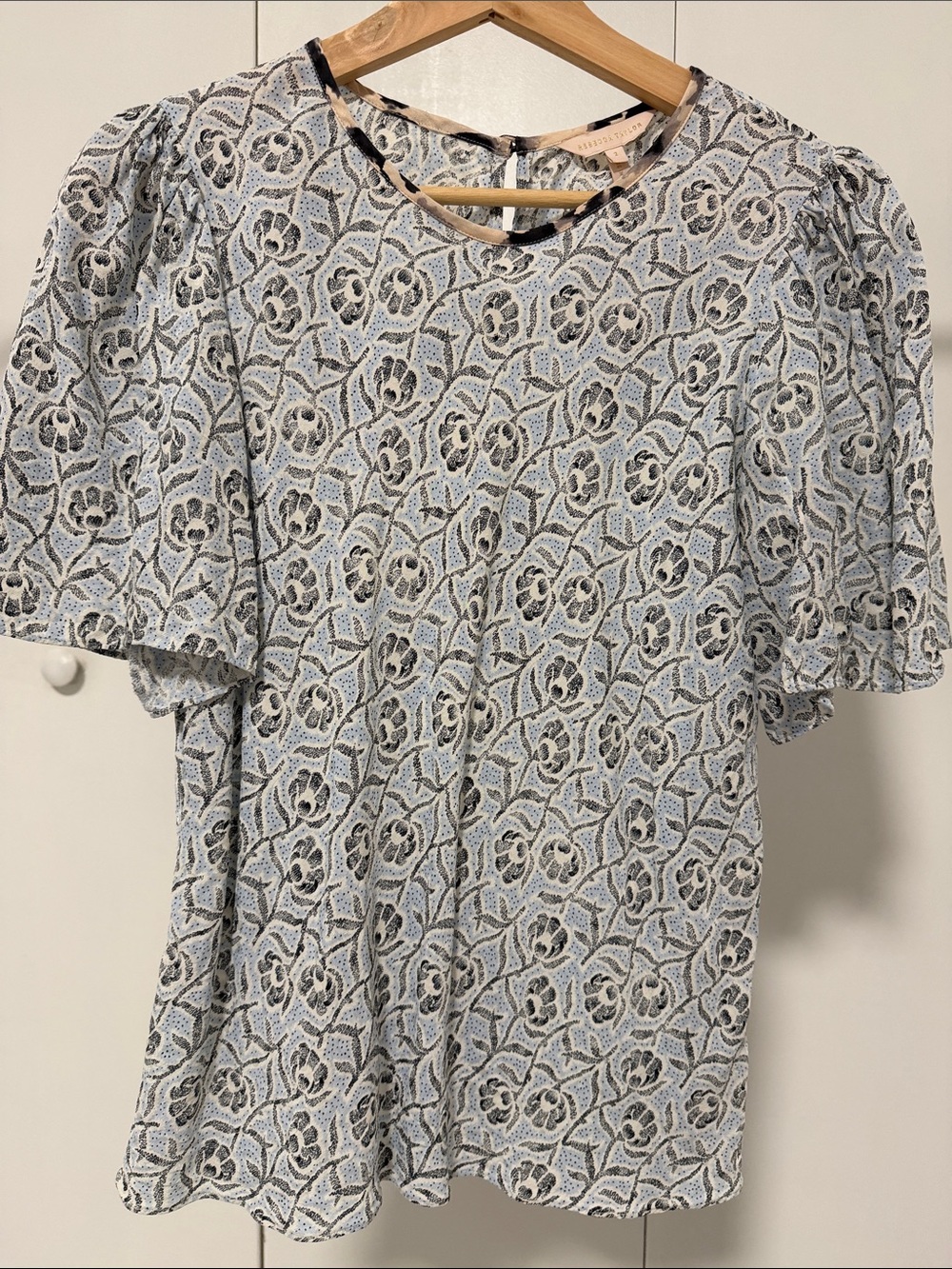Silky Floral Lace-Pattern Rebecca Taylor Puff Sleeve Top - Light Blue